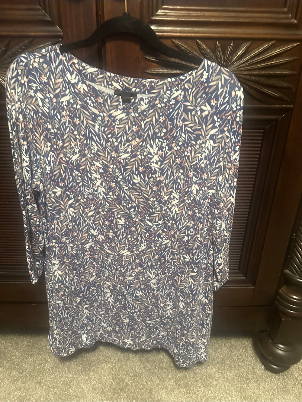 J. Jill Navy and White Floral-Leaf Scoop Neck Long Sleeve Top
